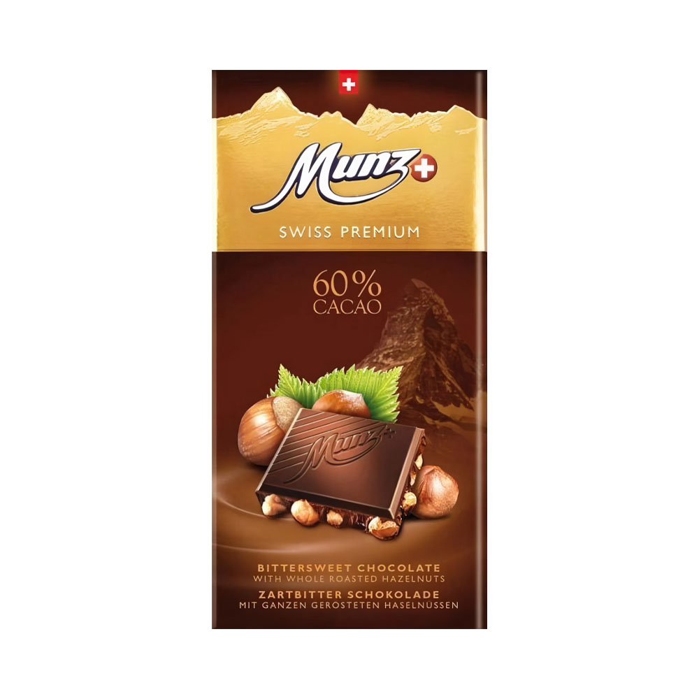 CHOCOLATE MUNZ SWISS PREMIUM 60% COCOA WITH HAZELNUTS 100GR