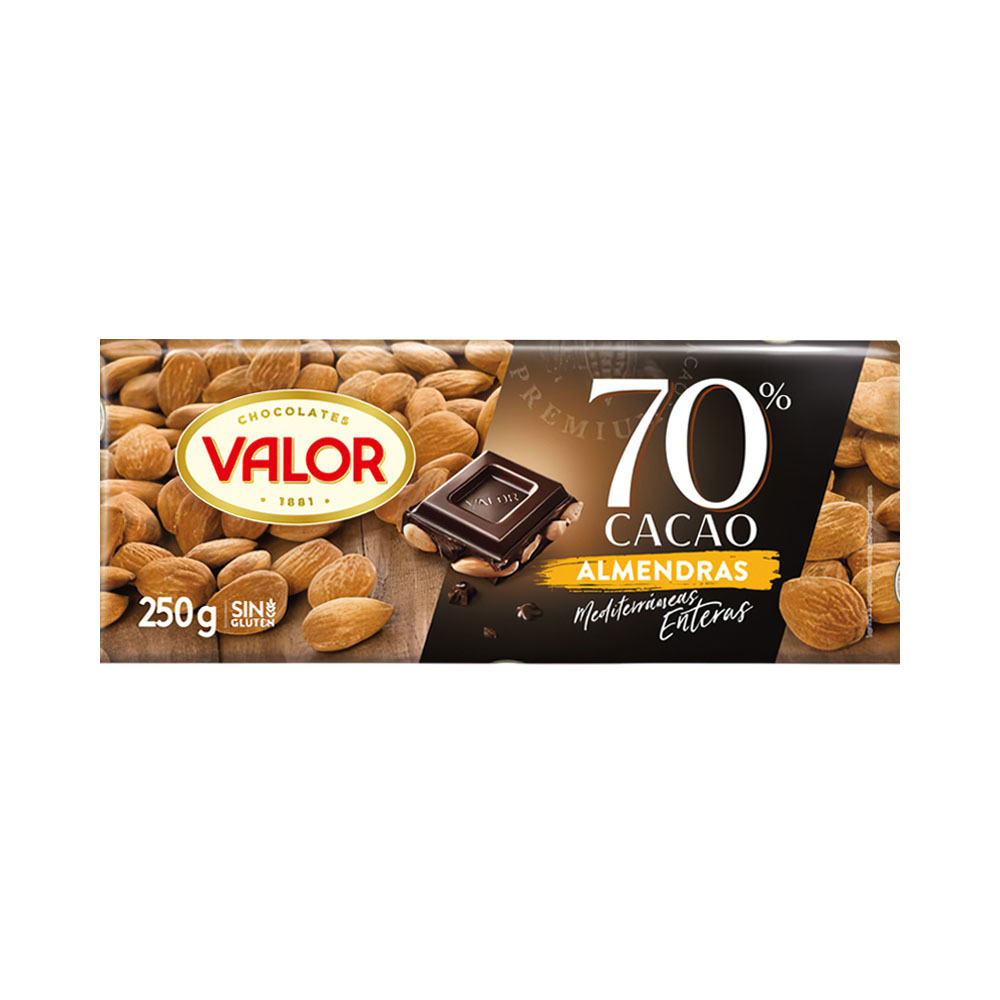CHOCOLATE VALOR 70% CACAU COM AMÊNDOAS 250GR