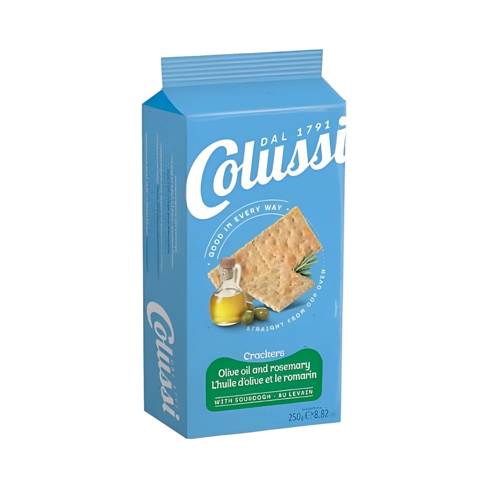 BISCOITOS COLUSSI CRACKERS OLIVE OIL AND ROSEMARY 250GR