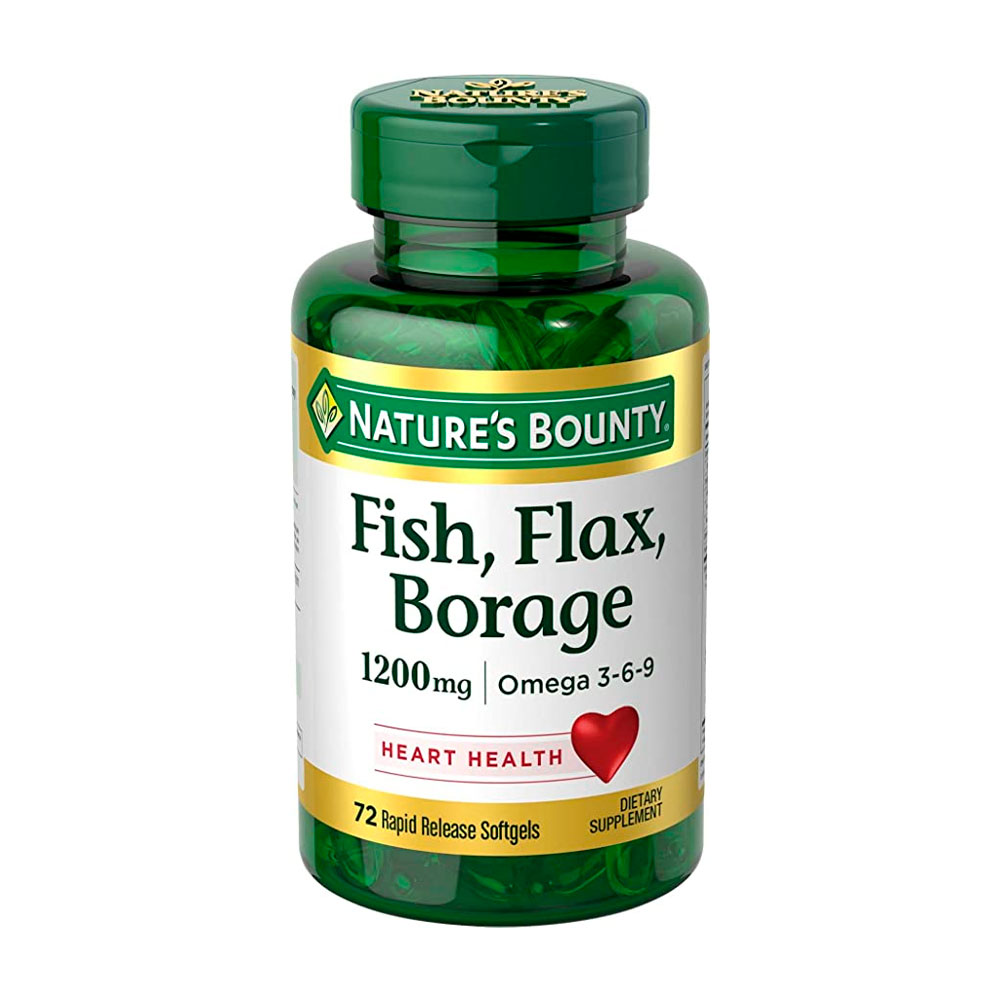 Fish,Flax,Borage Nature's Bounty 1200mg Omega 3-6-9 72 Soft.