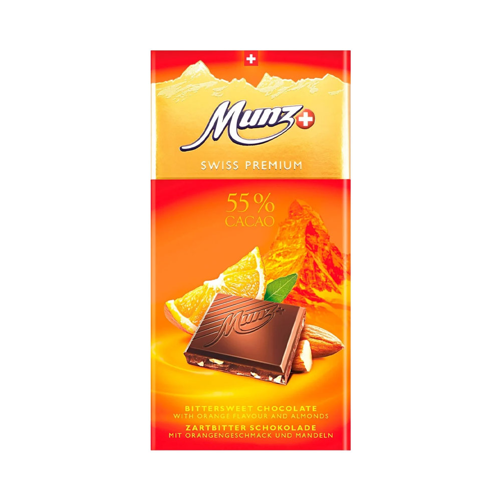 CHOCOLATE MUNZ SWISS PREMIUM 55% COCOA WITH ORANGE AND ALMOND 100GR