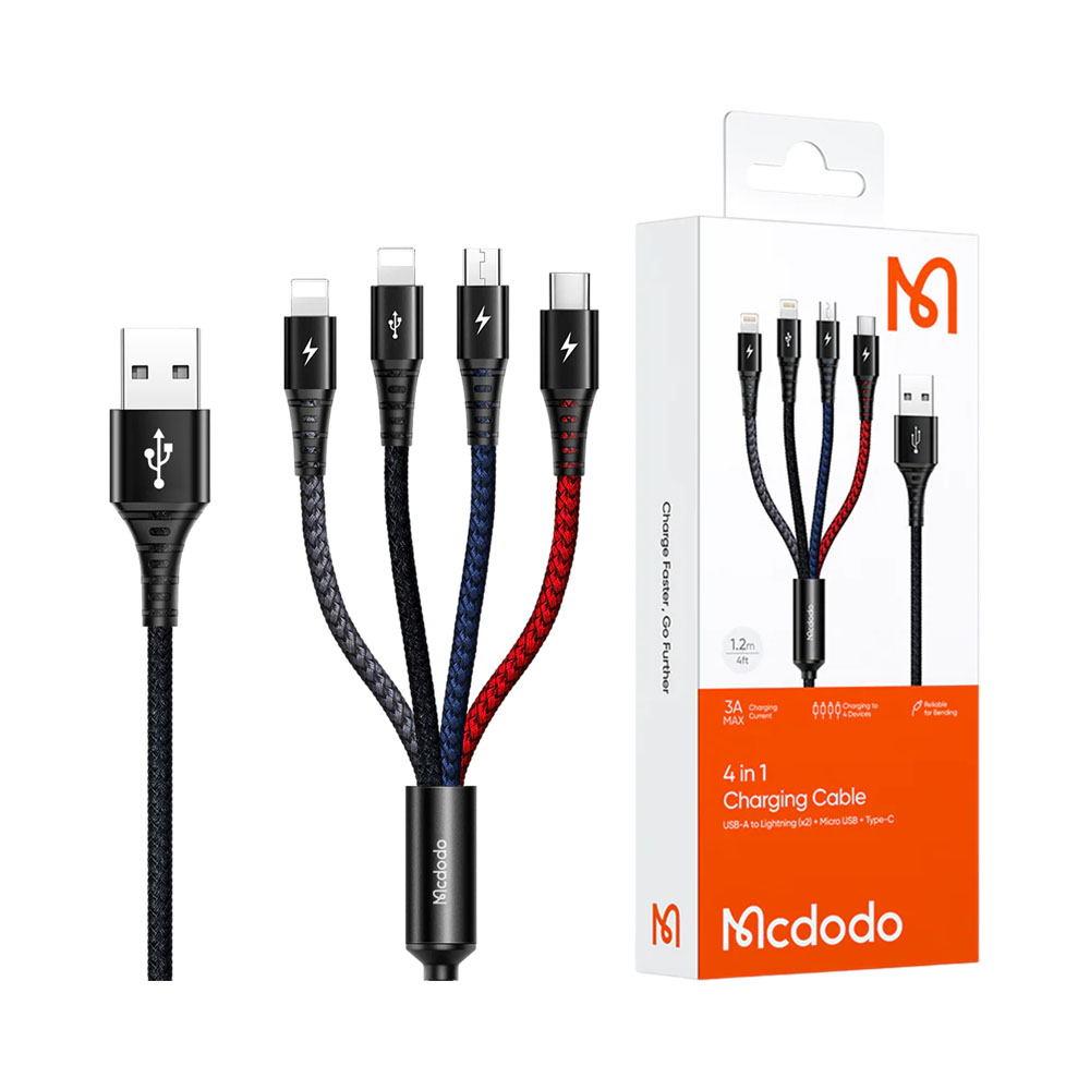 CABLE MCDODO CA-6230 USB-A A LIGHTNING + MICRO + USB-C 1.2M NEGRO